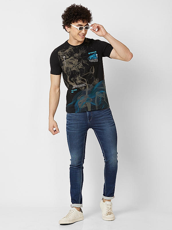 Men Slim Fit Black Printed T-SHIRTS