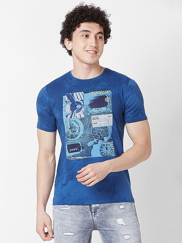 Men Slim Fit Blue Printed T-SHIRTS