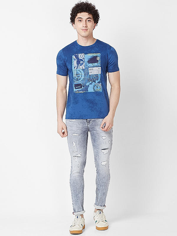 Men Slim Fit Blue Printed T-SHIRTS