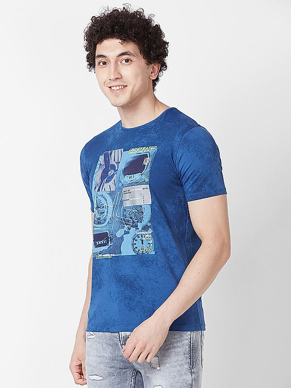 Men Slim Fit Blue Printed T-SHIRTS