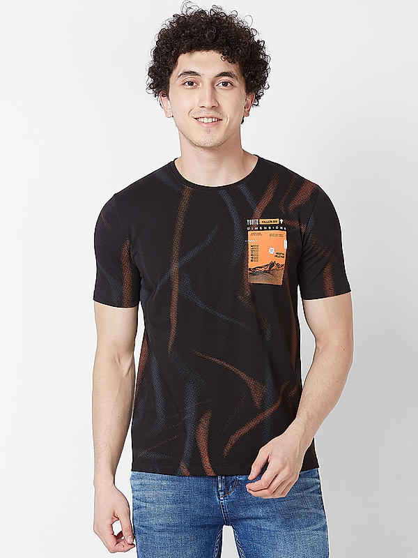 Men Slim Fit Black Printed T-SHIRTS