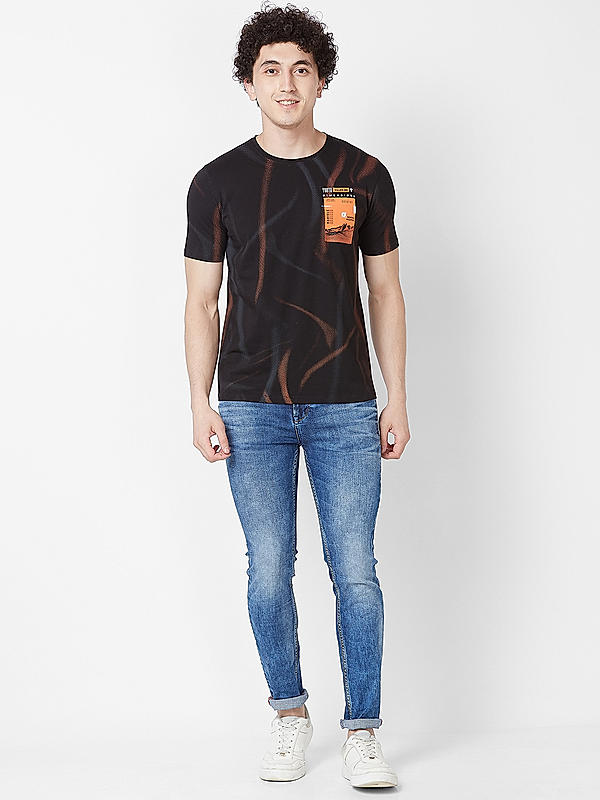 Men Slim Fit Black Printed T-SHIRTS