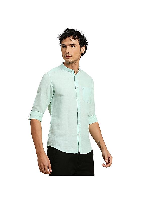 Killer Light Green Solid Mandarin Collar Casual Shirts