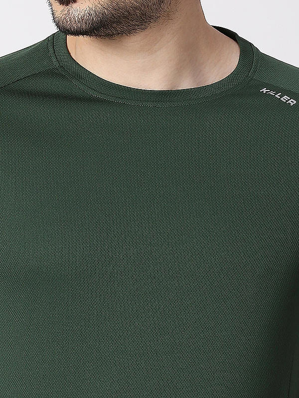 Killer Dark Green Round Neck Solid T-Shirts