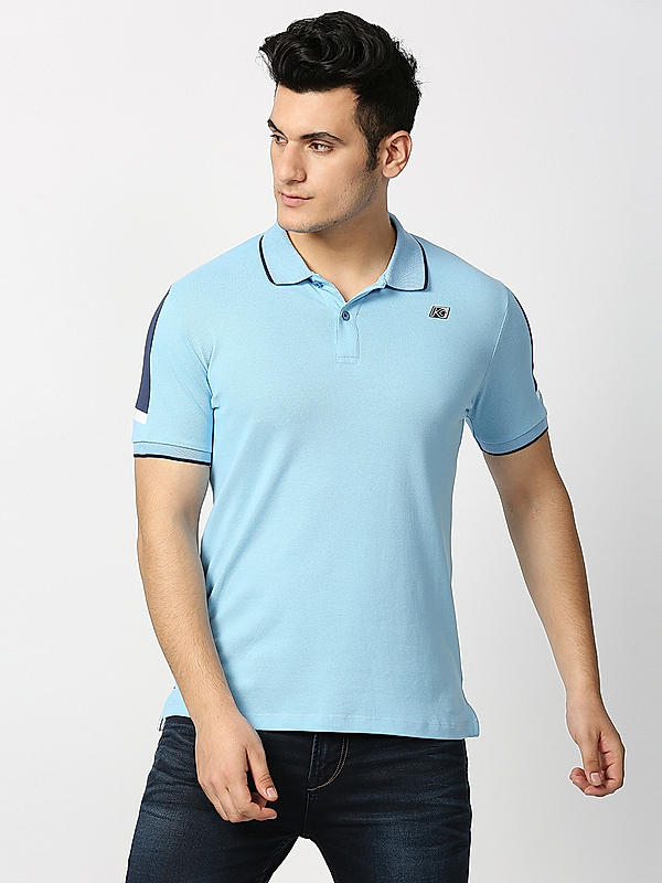 Killer Sky Blue Polo Neck Solid T-Shirts