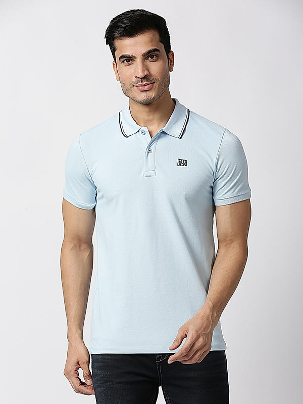 Killer Light Blue Polo Neck Solid T-Shirts