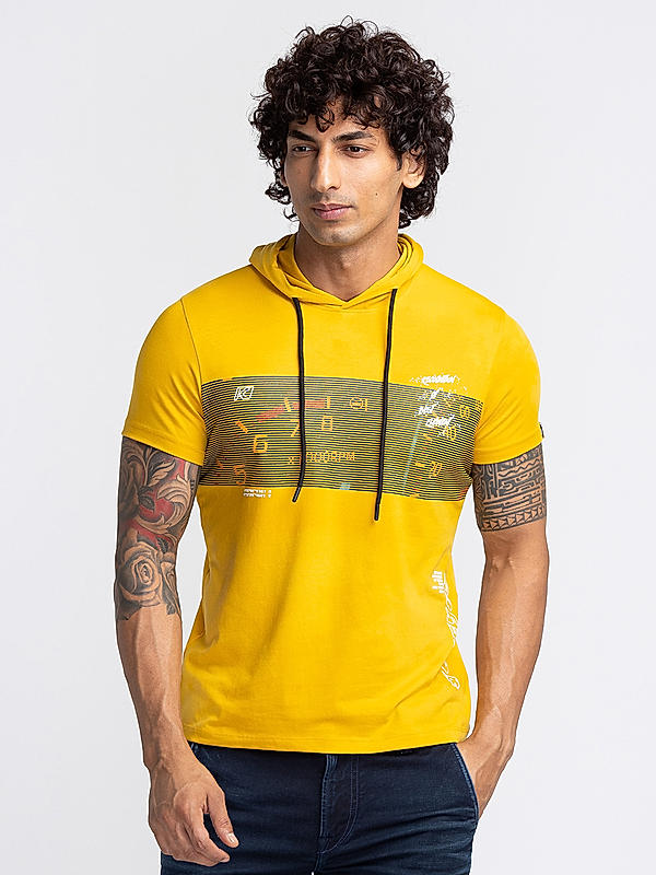 Killer Yellow Hooded Neck Printed T-Shirts