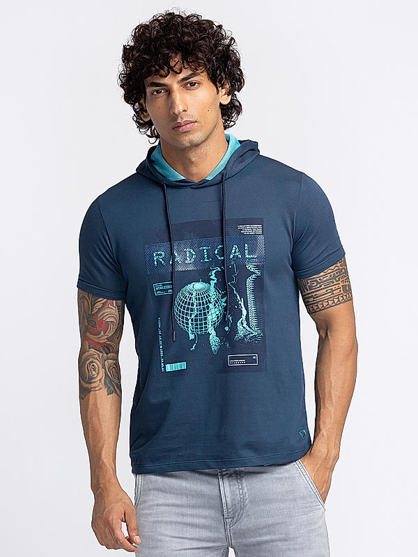 Killer Navy Hooded Neck Printed T-Shirts