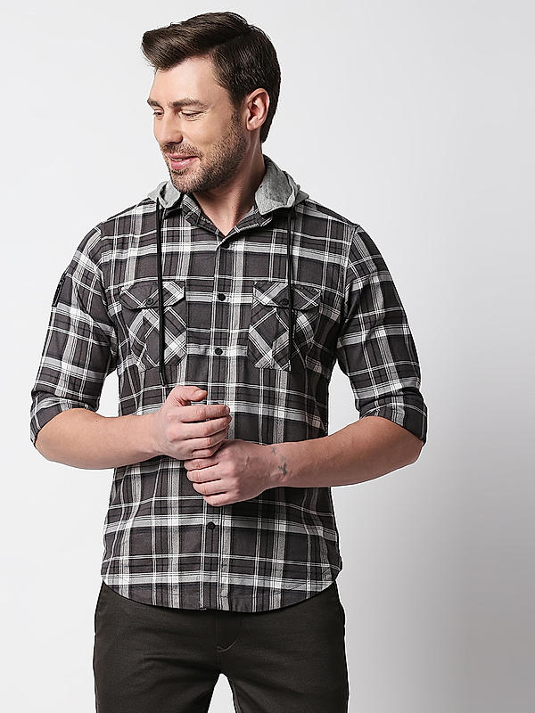 Killer Slim Fit Check Charcole Hooded Shirts