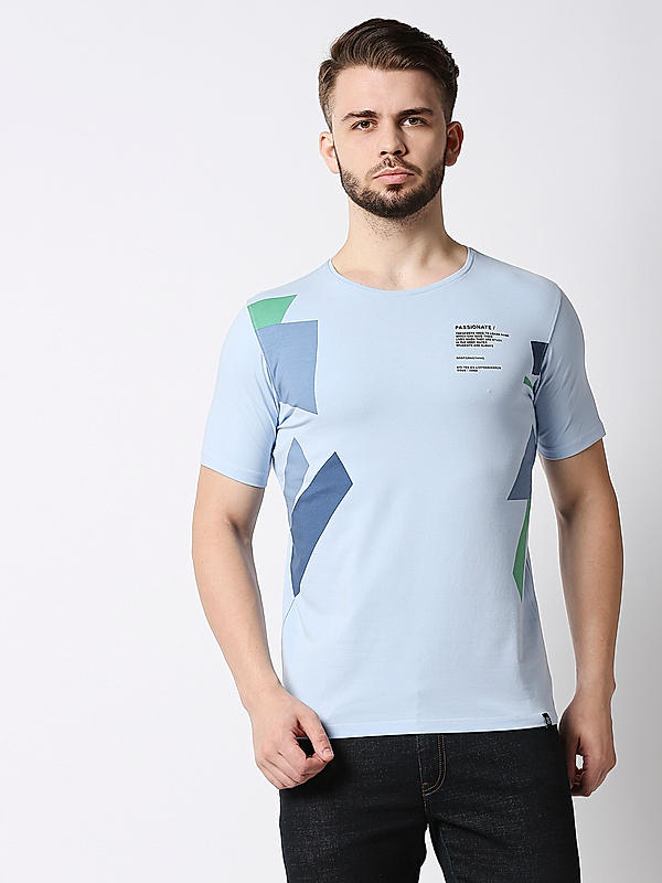 Killer Sky Blue Printed Slim Fit Round Neck T-Shirts