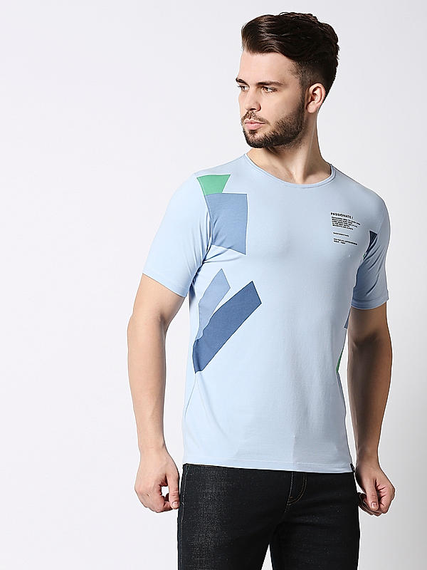 Killer Sky Blue Printed Slim Fit Round Neck T-Shirts