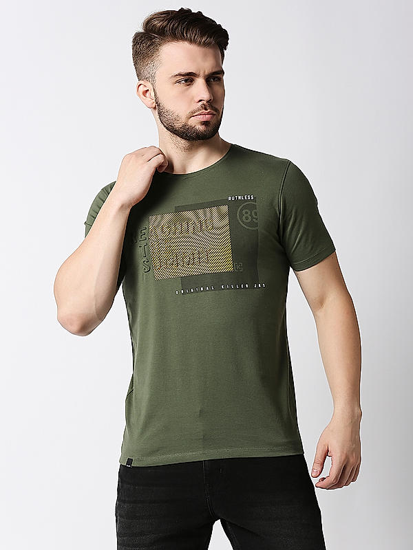 Killer Olive Printed Slim Fit Round Neck T-Shirts