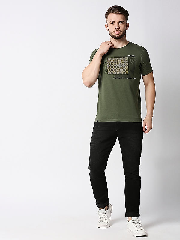 Killer Olive Printed Slim Fit Round Neck T-Shirts