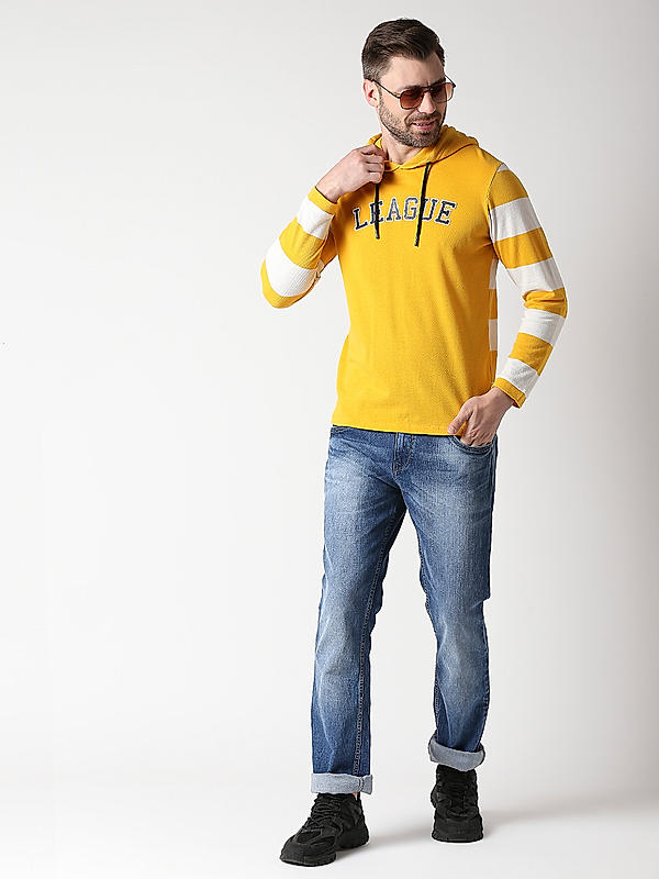 Killer Yellow Printed Slim Fit Hooded Neck T-Shirts