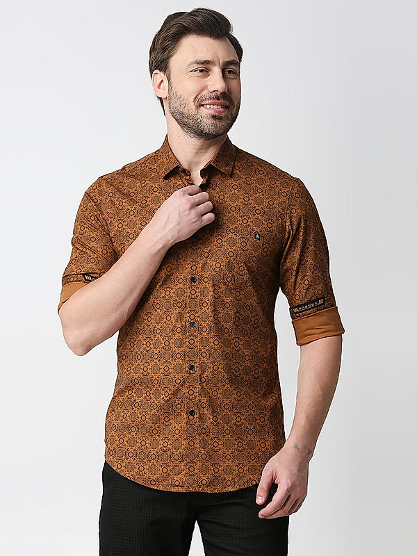 Killer Brown Slim Fit Collar Printed Shirts