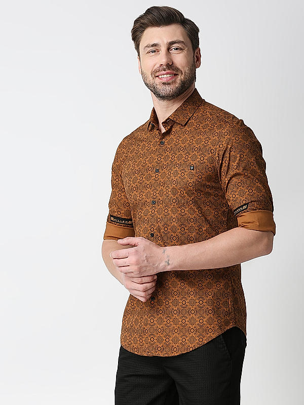 Killer Brown Slim Fit Collar Printed Shirts