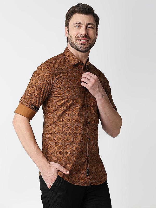 Killer Brown Slim Fit Collar Printed Shirts