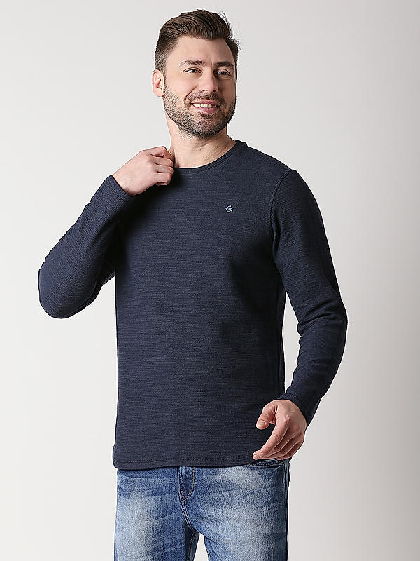 Killer Navy Blue Slim Fit Round Neck Solid T-Shirts