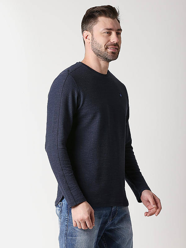 Killer Navy Blue Slim Fit Round Neck Solid T-Shirts