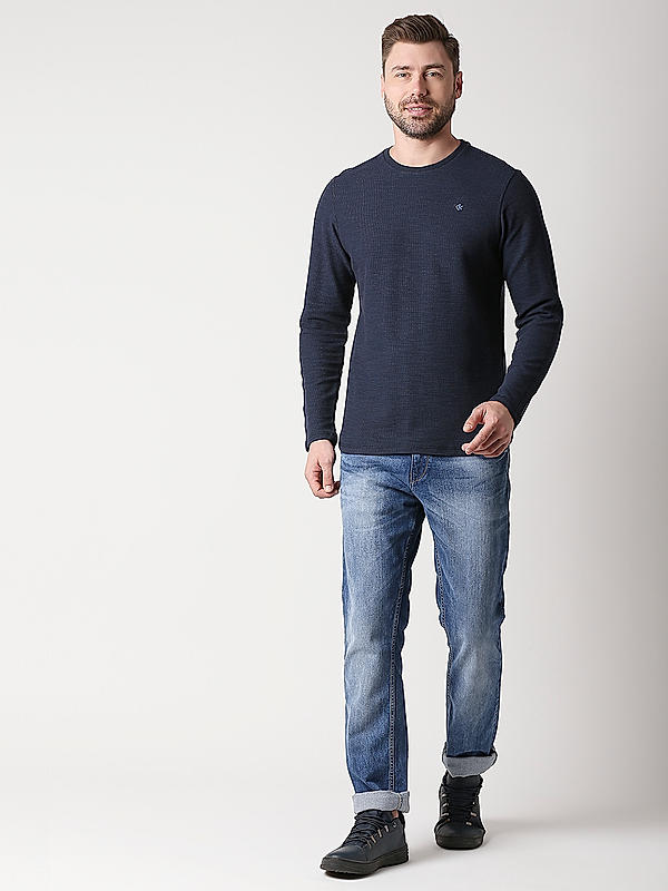 Killer Navy Blue Slim Fit Round Neck Solid T-Shirts