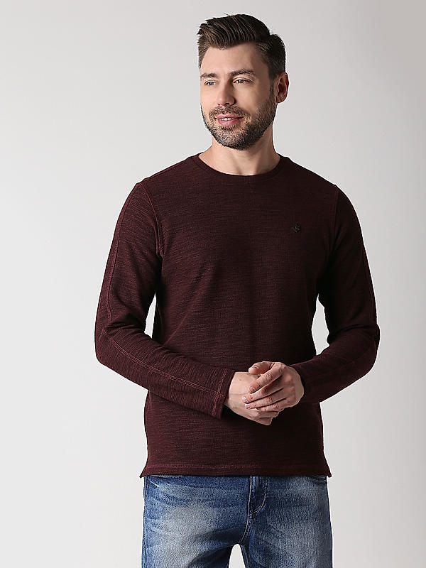 Killer Maroon Slim Fit Round Neck Solid T-Shirts