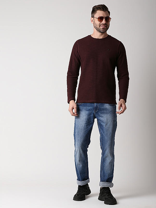 Killer Maroon Slim Fit Round Neck Solid T-Shirts