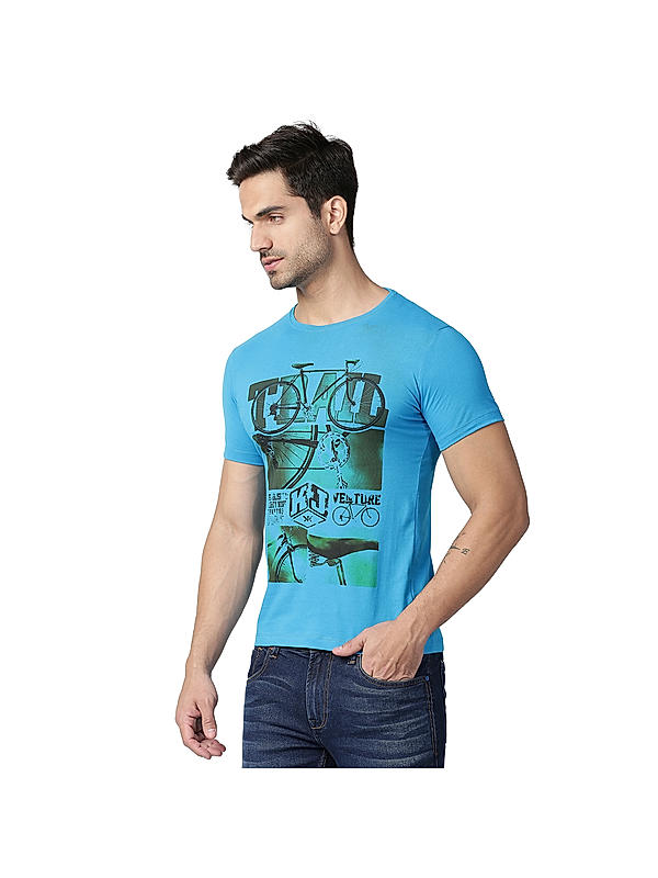 Killer Blue Printed Slim Fit Round Neck T-Shirts