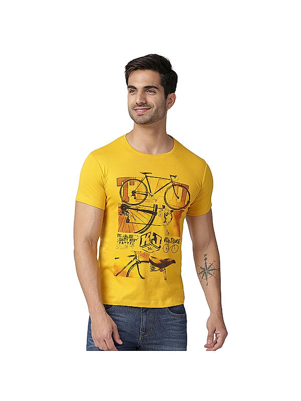 KILLER MEN'S FASHION COTTON BLENDEDROUND NECK H/S SOLID DYED WITHOUT POCKET YELLOW T-SHIRTS