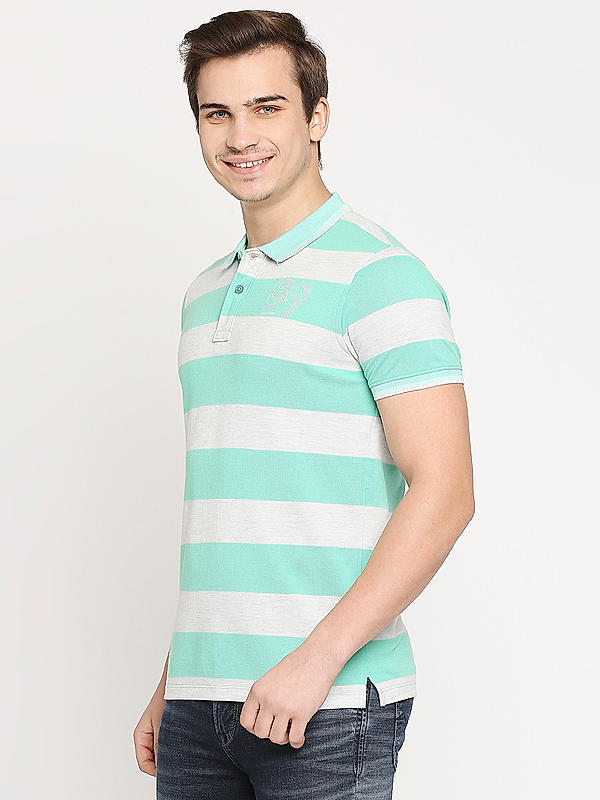 Killer Green Striped Slim Fit Polo Neck T-Shirts