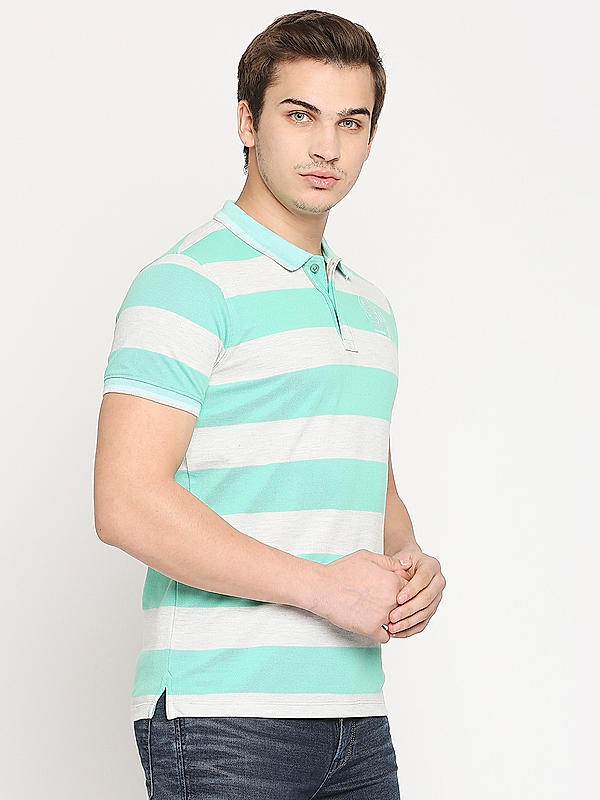 Killer Green Striped Slim Fit Polo Neck T-Shirts