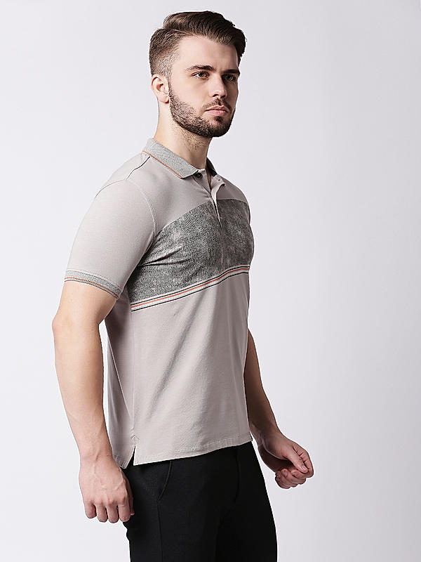 Killer Grey Printed Slim Fit Polo Neck T-Shirts