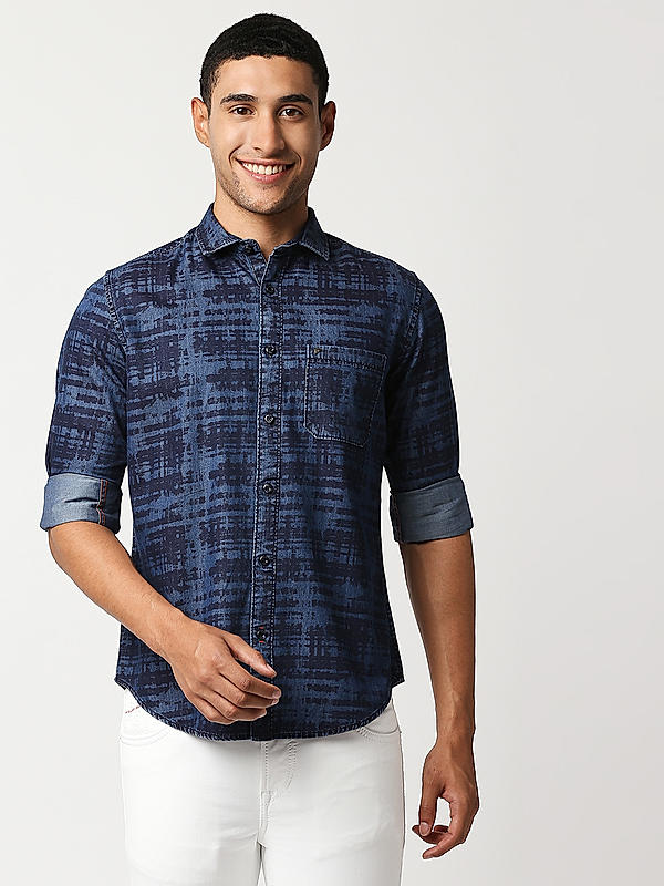 Killer Navy Blue Printed Comfort Fit Shirts For Men's