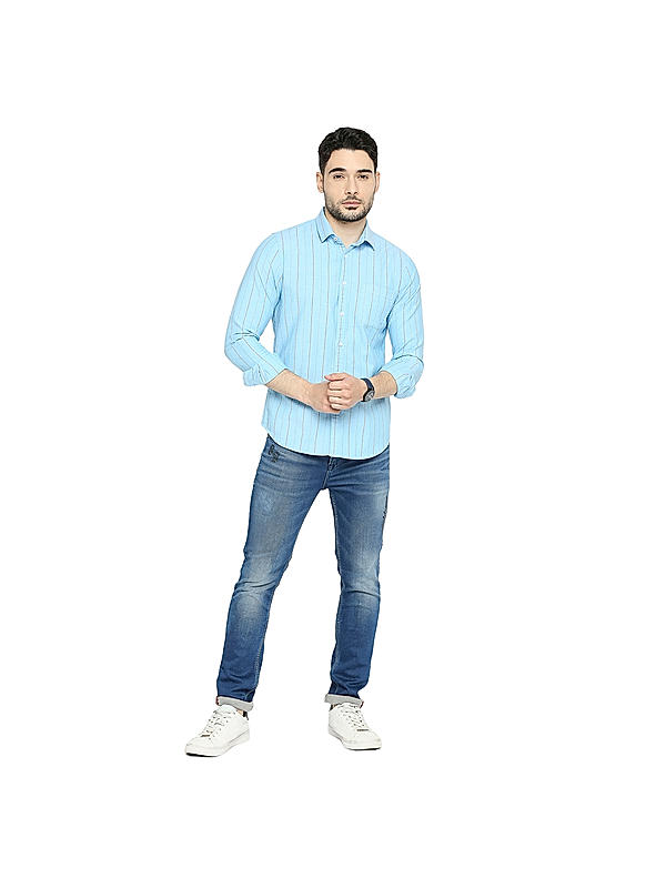 Killer Sky Blue Stripes Comfort Fit Shirts For Men's