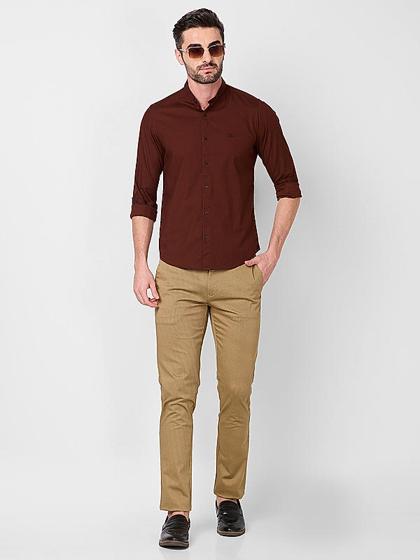 Men Brown Slim Fit Solid Shirts