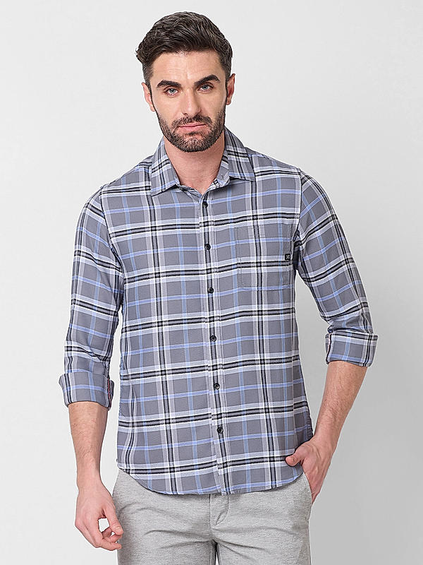 Men Grey Slim Fit Checks Shirts