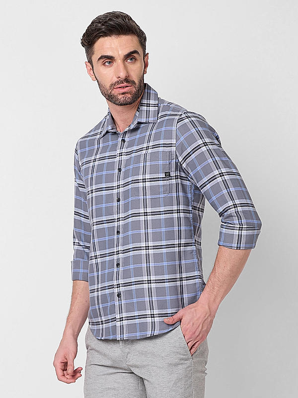 Men Grey Slim Fit Checks Shirts