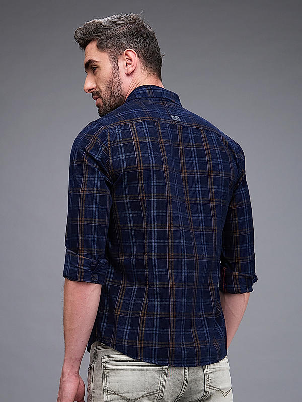 Men Navy Blue Slim Fit Checks Shirts