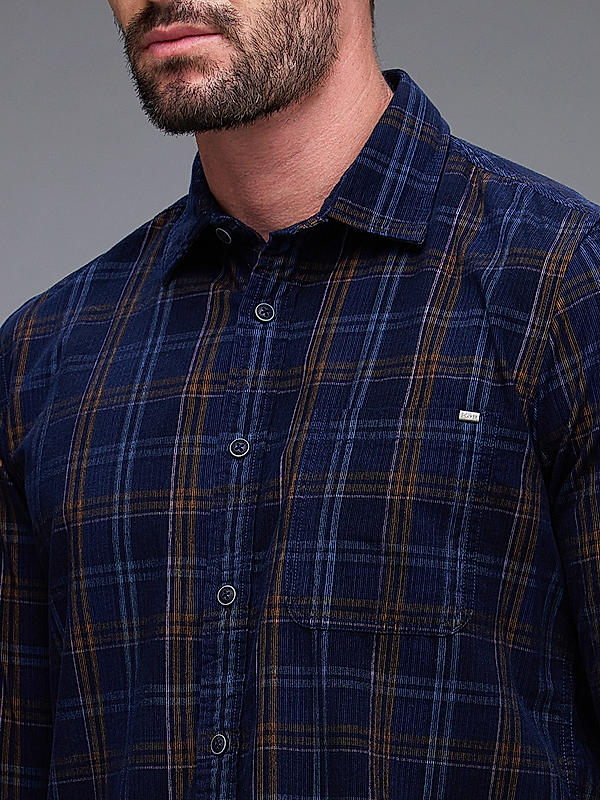 Men Navy Blue Slim Fit Checks Shirts