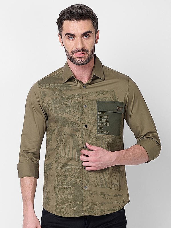 Men Olive Slim Fit Solid Shirts