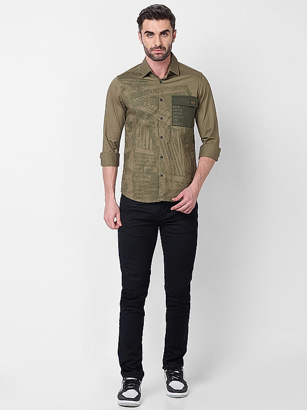 Men Olive Slim Fit Solid Shirts