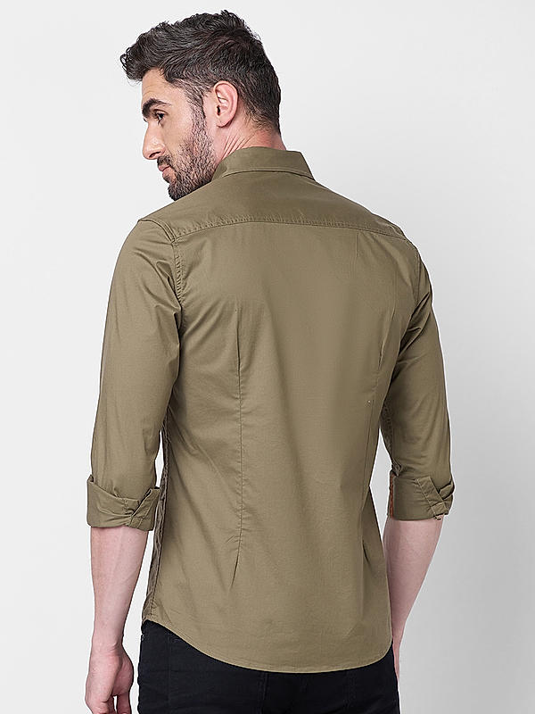 Men Olive Slim Fit Solid Shirts