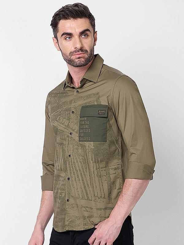 Men Olive Slim Fit Solid Shirts