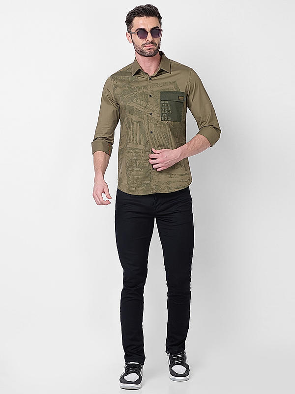 Men Olive Slim Fit Solid Shirts