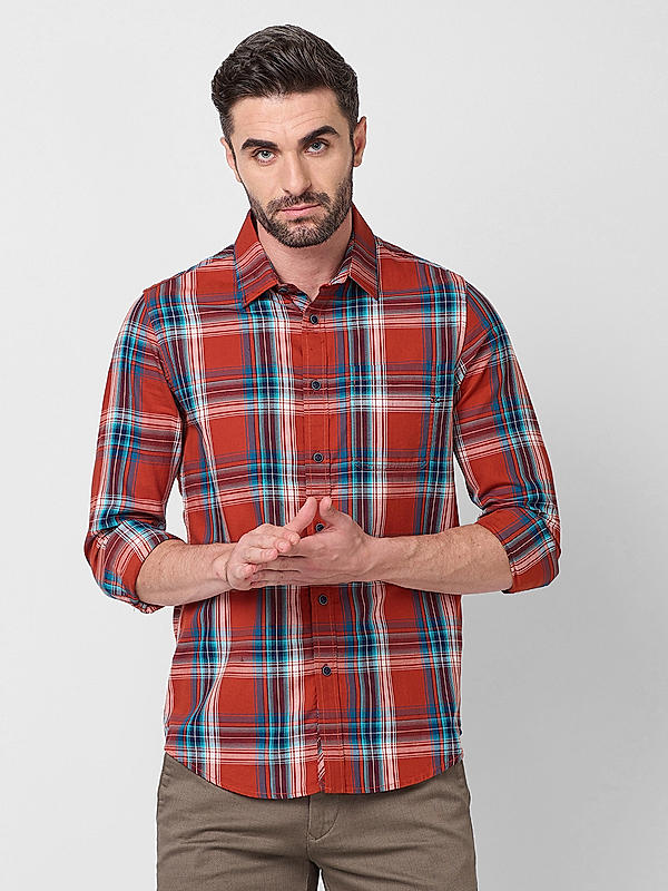 Men Orenge Slim Fit Checks Shirts