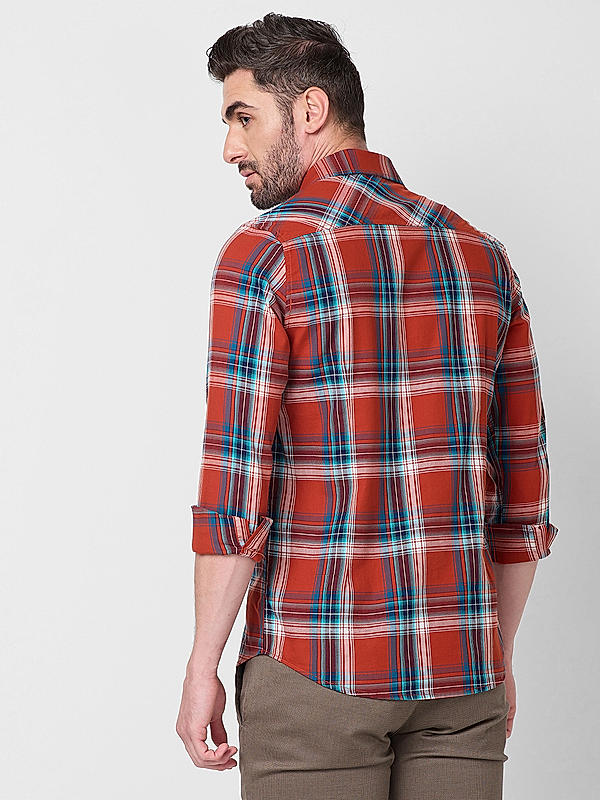 Men Orenge Slim Fit Checks Shirts