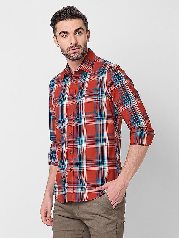 Men Orenge Slim Fit Checks Shirts