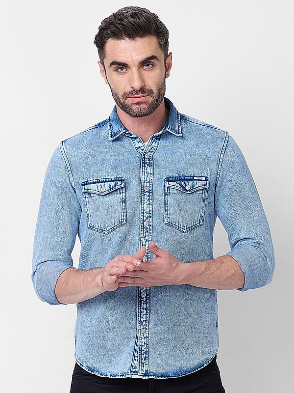 Men Blue Slim Fit Solid Shirts