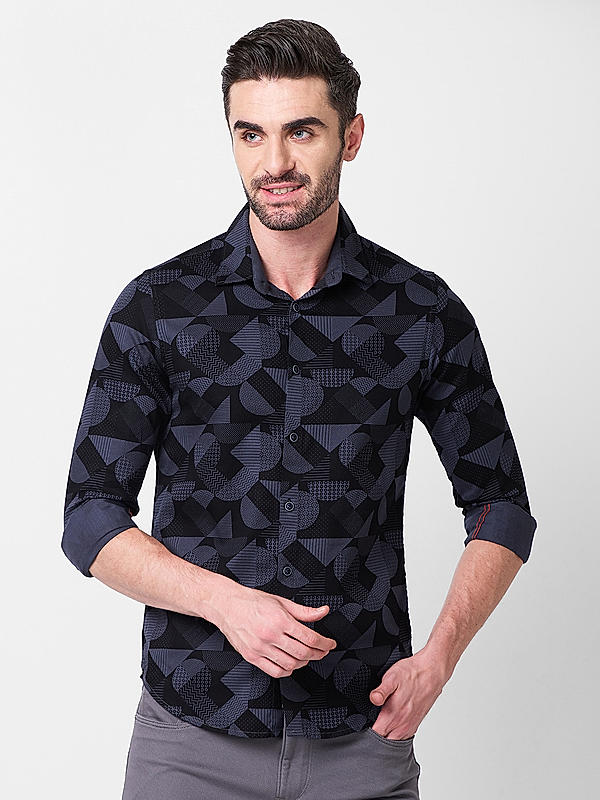 Men Dark Grey Slim Fit Printed Shirts