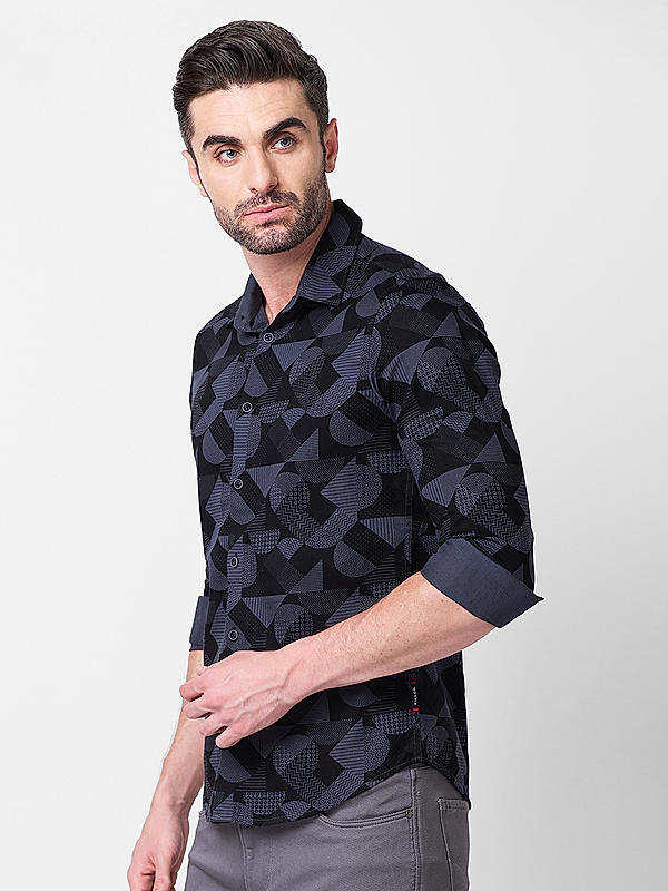 Men Dark Grey Slim Fit Printed Shirts