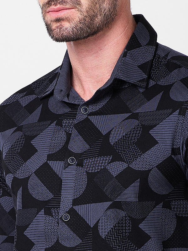 Men Dark Grey Slim Fit Printed Shirts